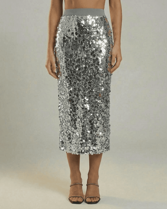 Silvara Midi Skirt by SLIMONA - Sequin high waist bodycon skirt in sophisticated grey tone.