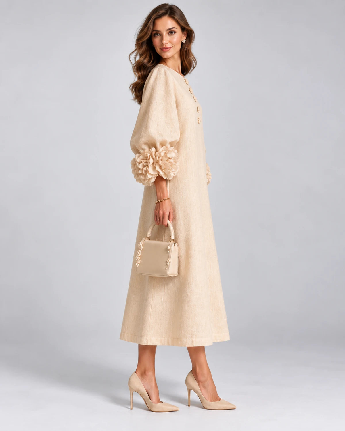 Sirena Midi Dresses — Apricot color | SKU: SD-34033-apricotcolor-XS,SD-34033-apricotcolor-S,SD-34033-apricotcolor-M,SD-34033-apricotcolor-L,SD-34033-apricotcolor-XL,SD-34033-apricotcolor-2XL