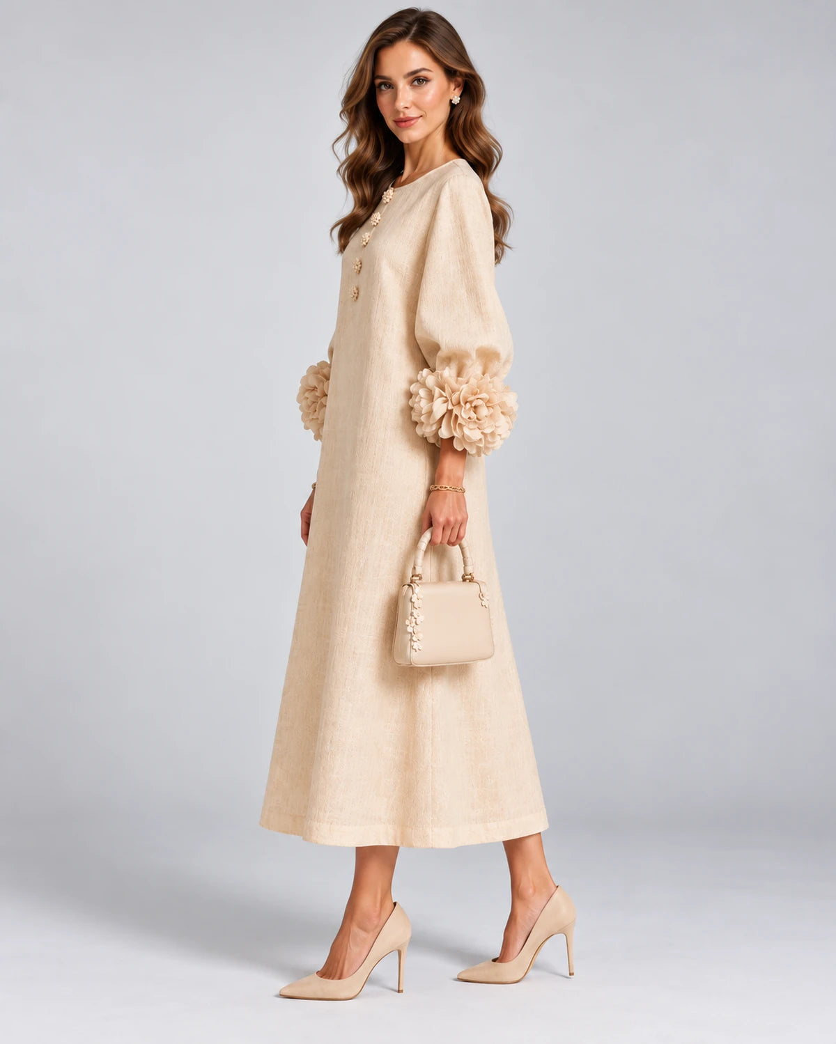 Sirena Midi Dresses — Apricot color | SKU: SD-34033-apricotcolor-XS,SD-34033-apricotcolor-S,SD-34033-apricotcolor-M,SD-34033-apricotcolor-L,SD-34033-apricotcolor-XL,SD-34033-apricotcolor-2XL