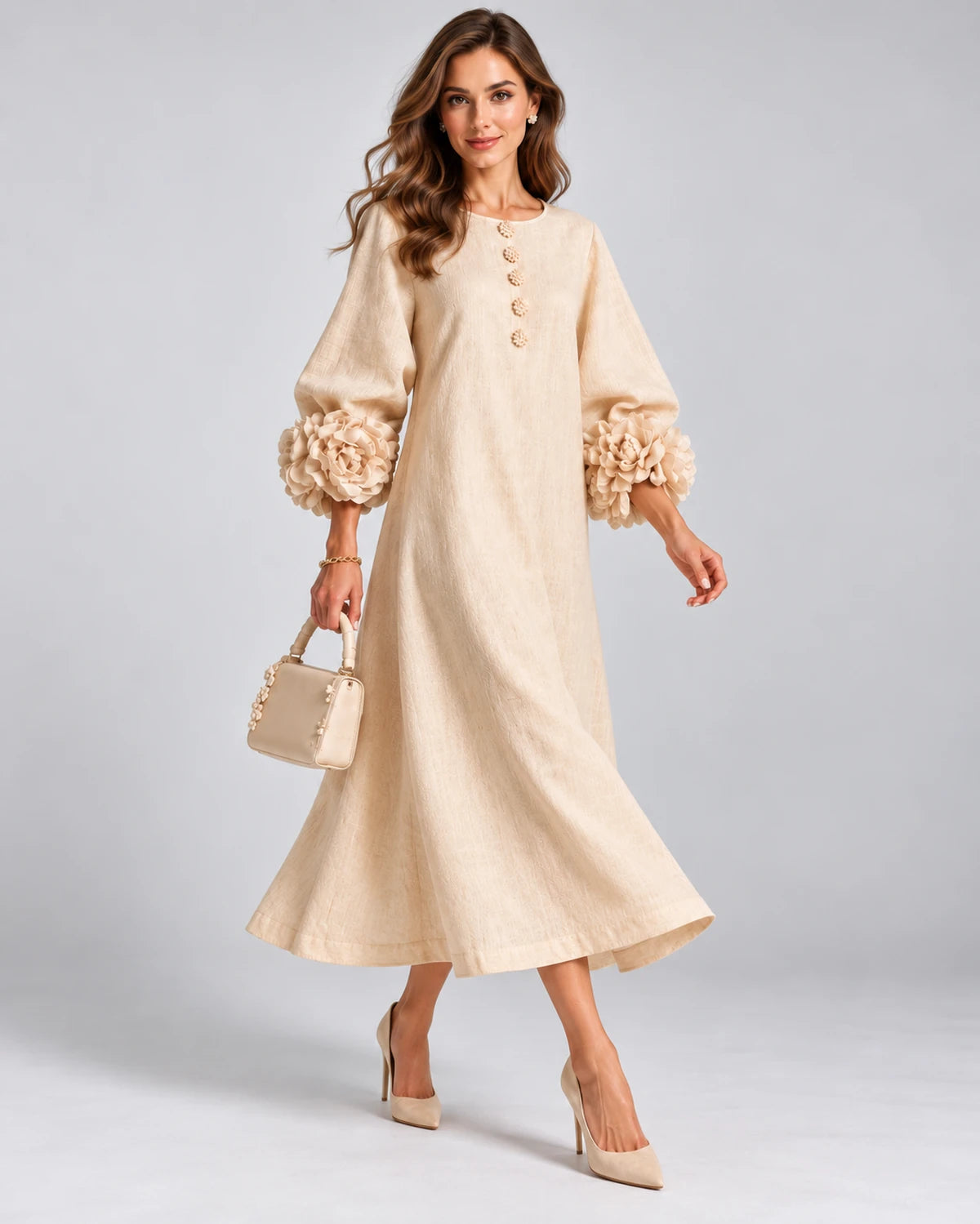Sirena Midi Dresses — Apricot color | SKU: SD-34033-apricotcolor-XS,SD-34033-apricotcolor-S,SD-34033-apricotcolor-M,SD-34033-apricotcolor-L,SD-34033-apricotcolor-XL,SD-34033-apricotcolor-2XL