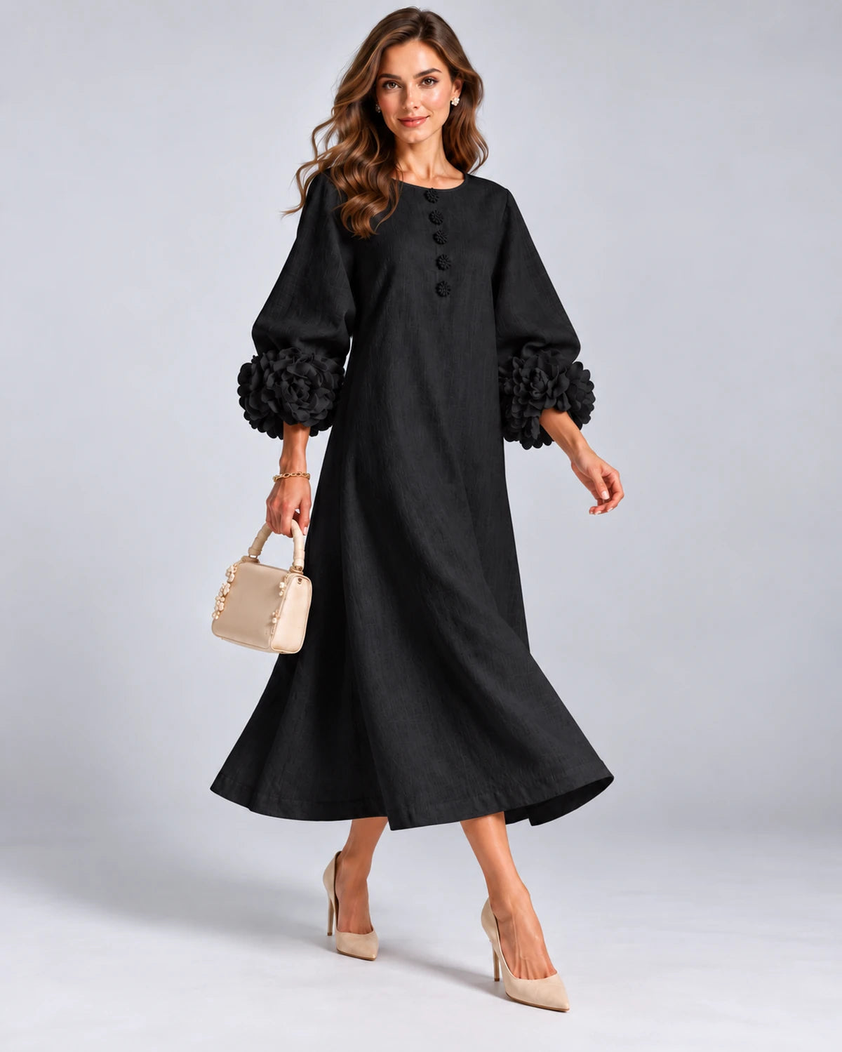 Sirena Midi Dresses — Black | SKU: SD-34033-black-XS,SD-34033-black-S,SD-34033-black-M,SD-34033-black-L,SD-34033-black-XL,SD-34033-black-2XL