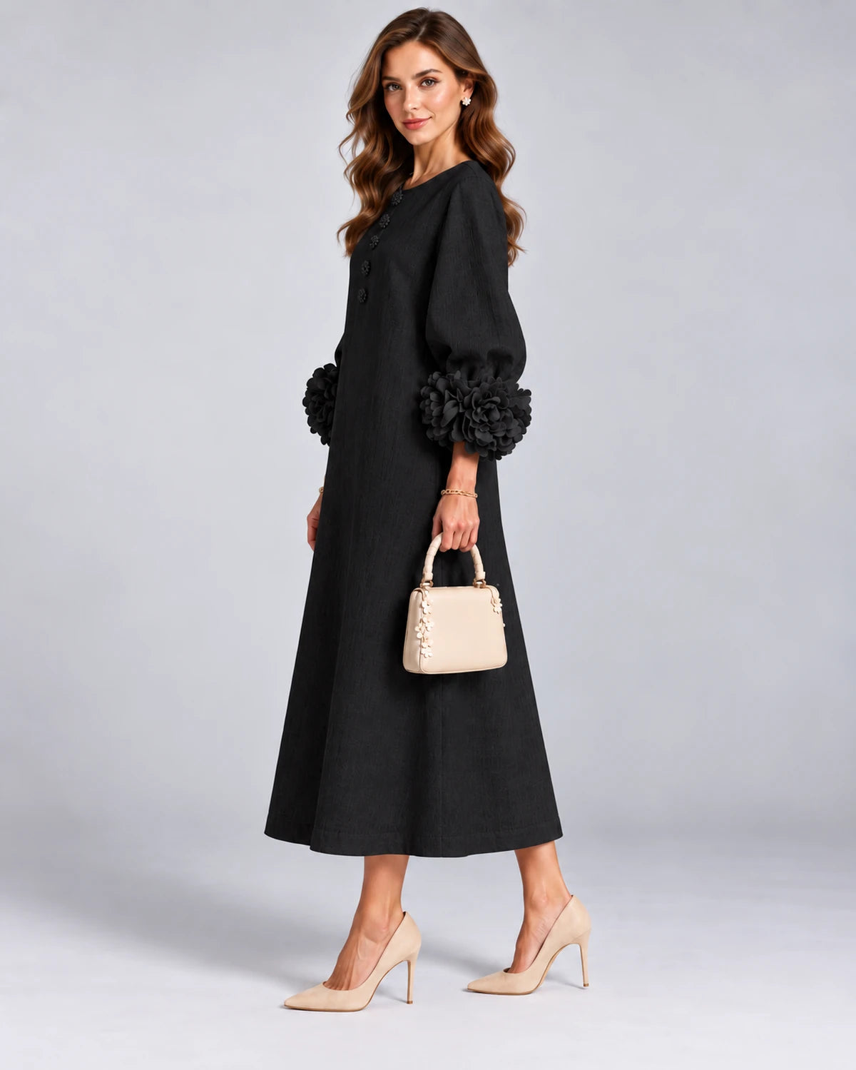 Sirena Midi Dresses — Black | SKU: SD-34033-black-XS,SD-34033-black-S,SD-34033-black-M,SD-34033-black-L,SD-34033-black-XL,SD-34033-black-2XL