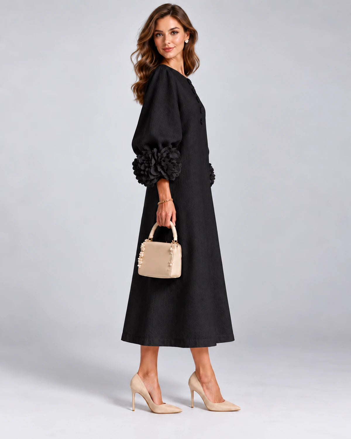Sirena Midi Dresses — Black | SKU: SD-34033-black-XS,SD-34033-black-S,SD-34033-black-M,SD-34033-black-L,SD-34033-black-XL,SD-34033-black-2XL