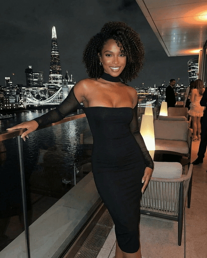 Arden Midi Dress by SLIMONA, a chic black bodycon dress for a stunning night out.