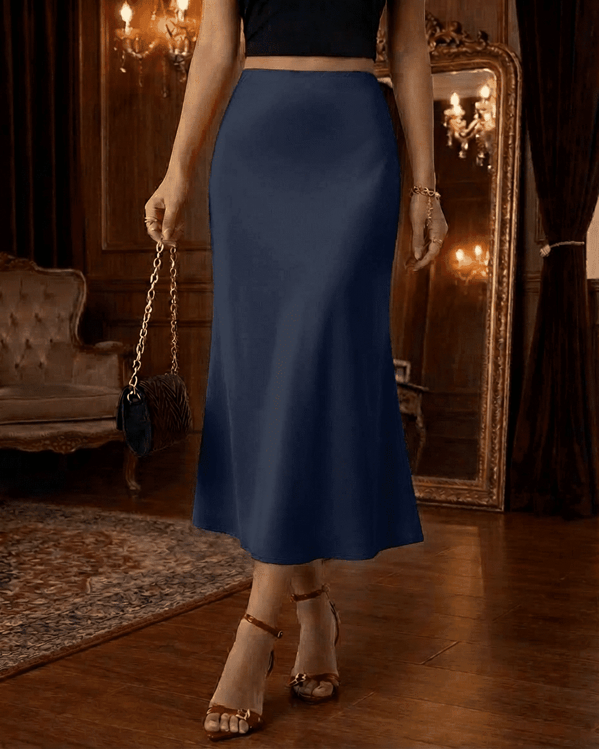 Astra Midi Skirt by SLIMONA in deep navy blue, featuring a satin mermaid design that flatters the silhouette.