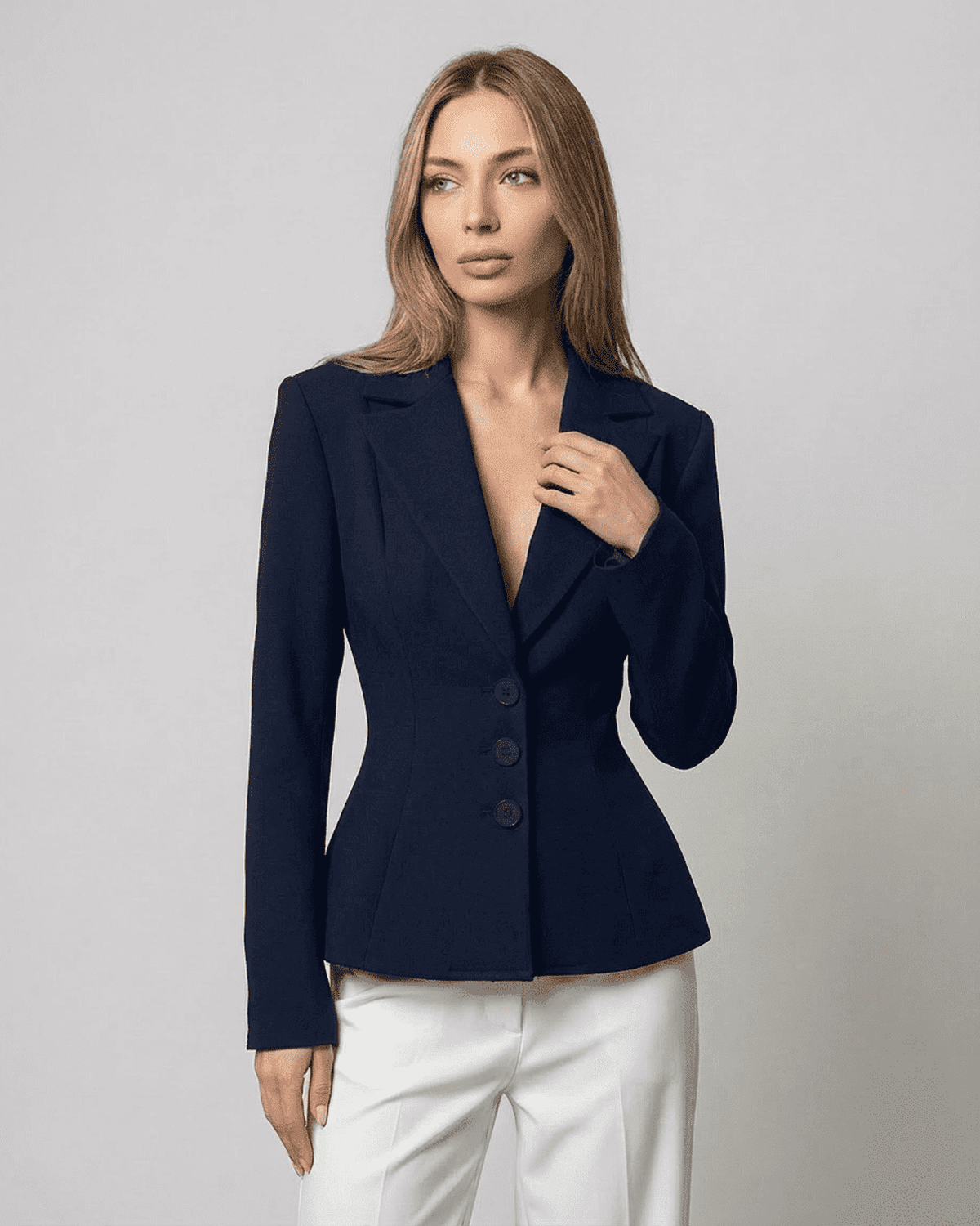 Aurora Blazer by SLIMONA in navy, featuring a fitted waist and tailored silhouette for modern women.