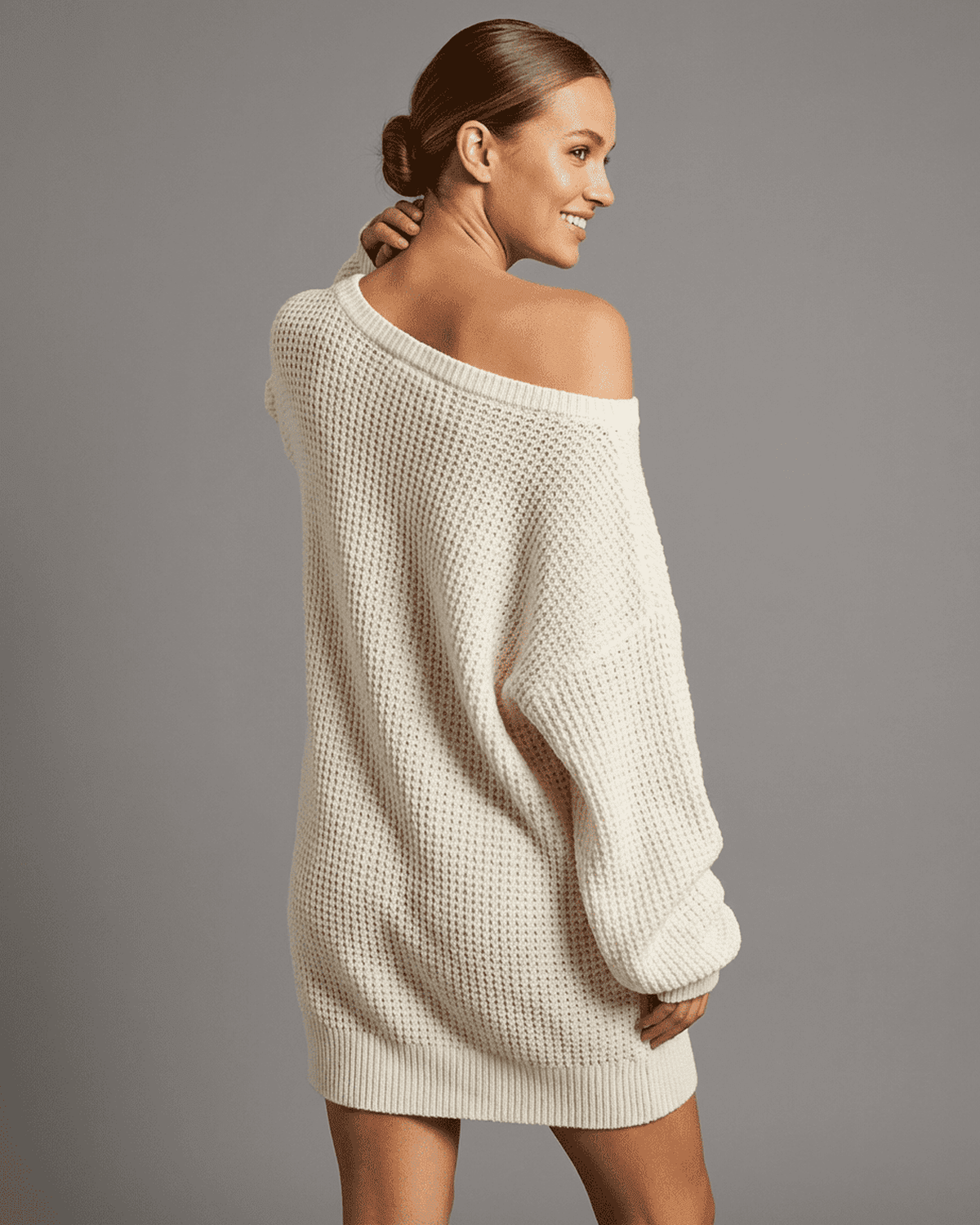 Aurora Mini Dress by SLIMONA featuring a cozy white ribbed knit off-the-shoulder design with lantern sleeves.