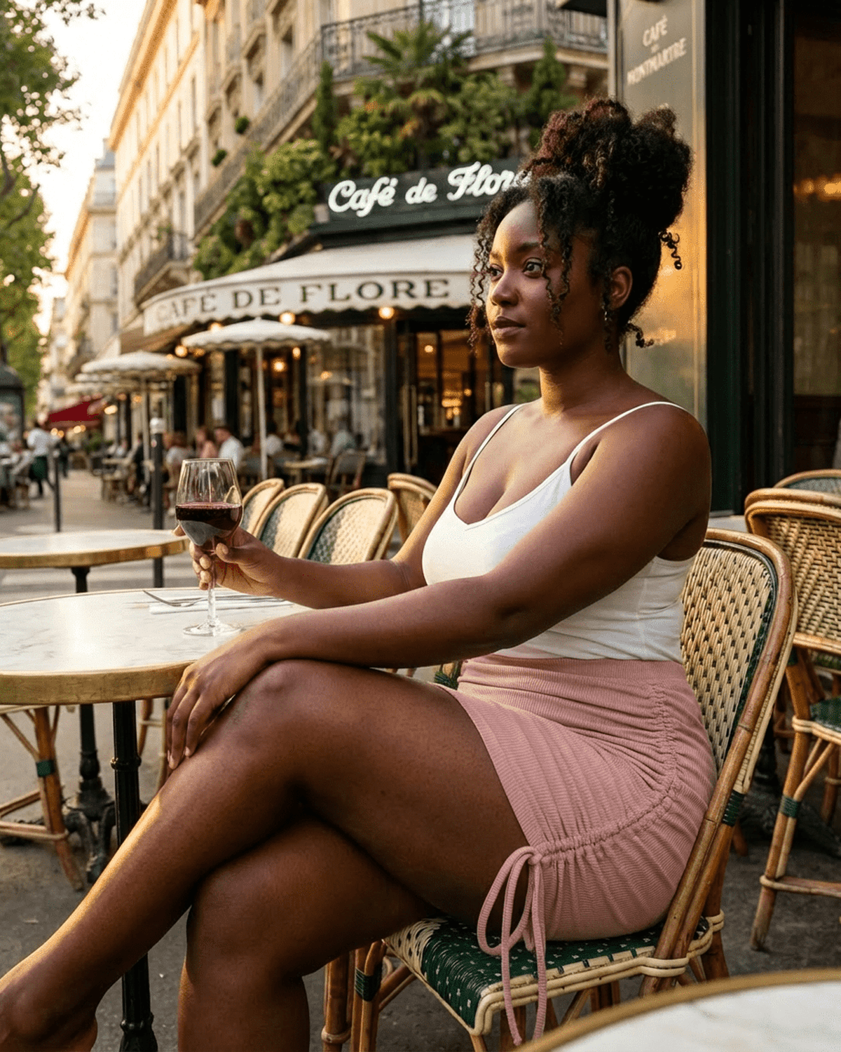 Blush Mini Skirt by SLIMONA stylishly worn at a café, highlighting a feminine silhouette and soft rib-knit texture.