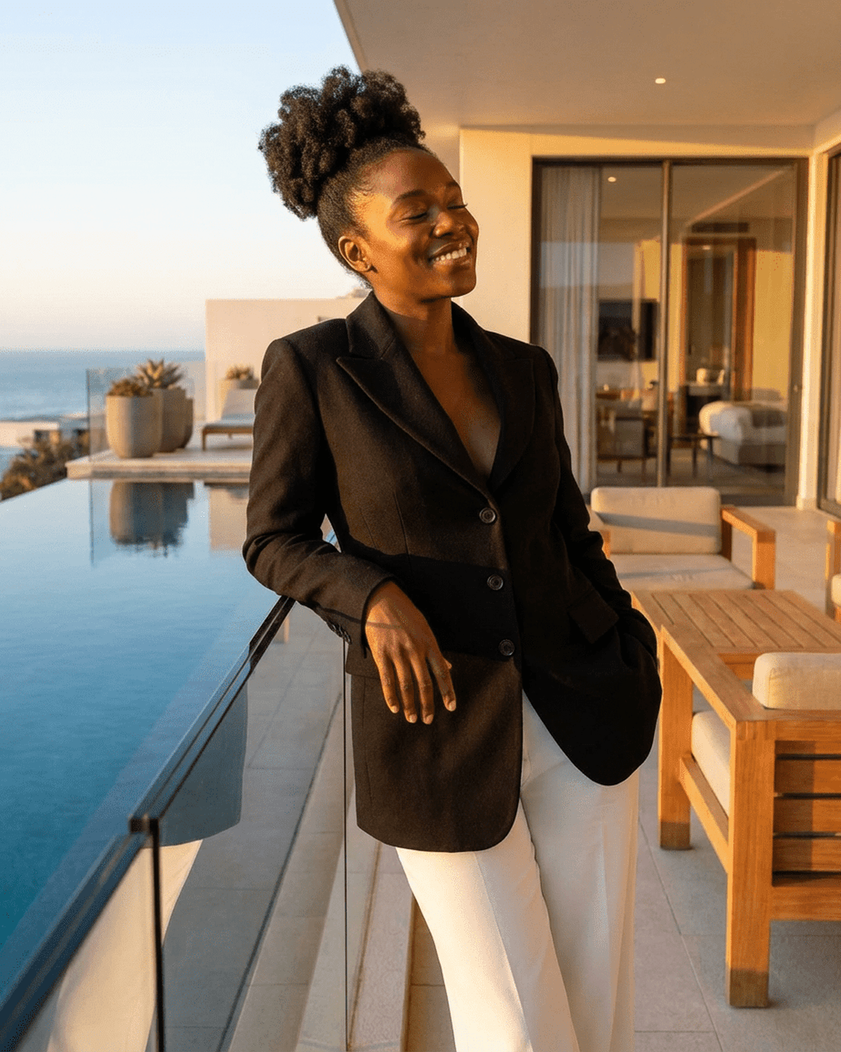 Woman wearing Celeste Blazer by SLIMONA, showcasing its tailored V-neck design by a poolside.