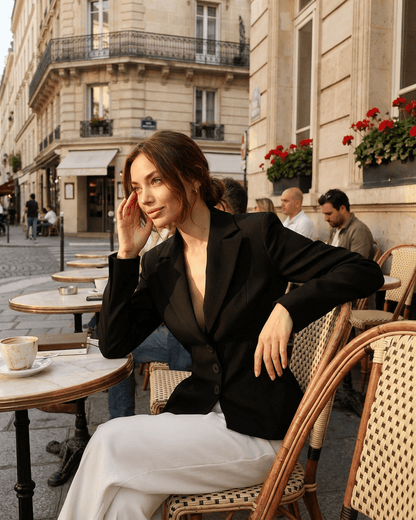 Celeste Blazer by SLIMONA, featuring a fitted waist and V-neckline, perfect for modern workwear elegance.