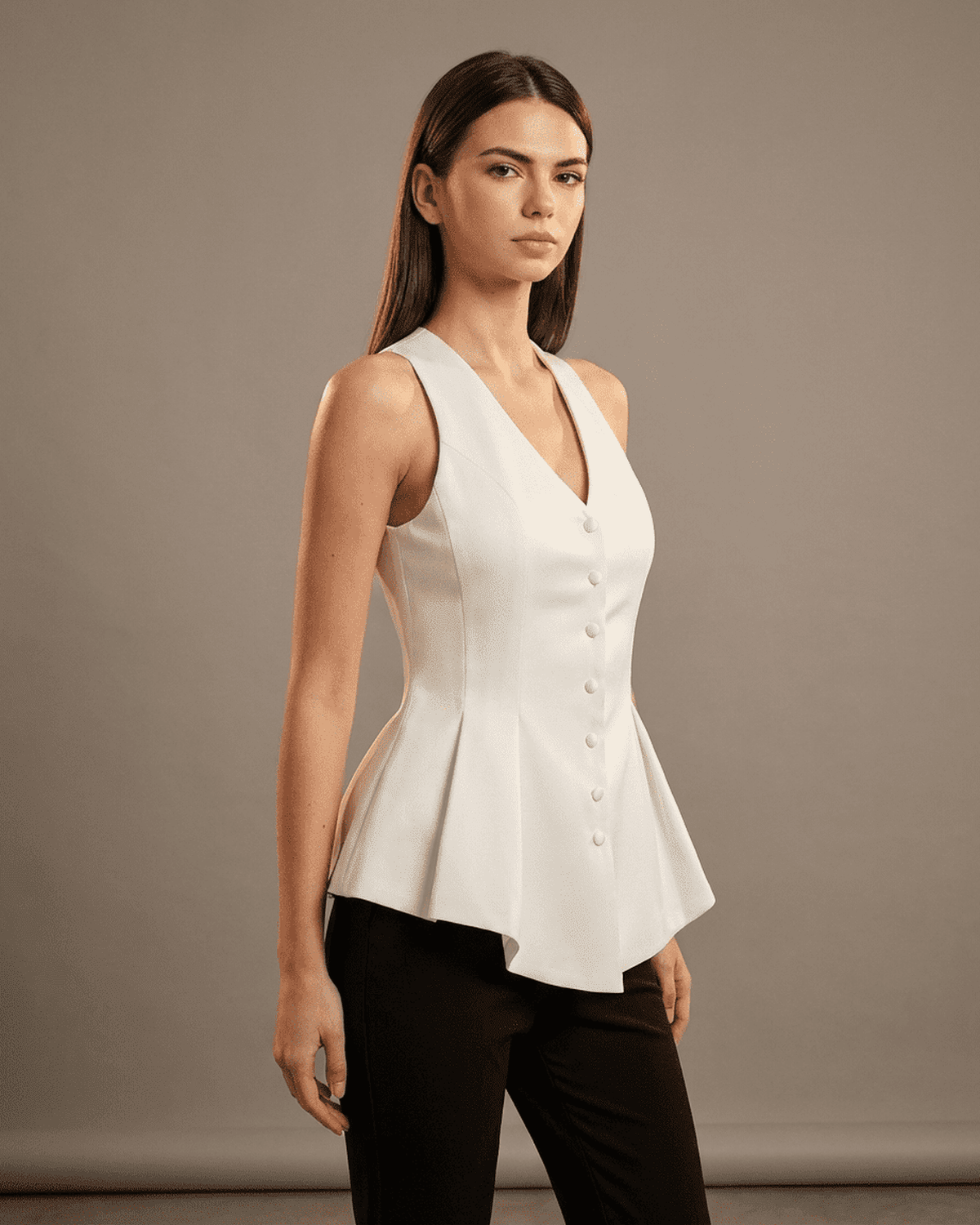 Celeste Blouse by SLIMONA, elegant satin tailored sleeveless blouse with V-neck design.