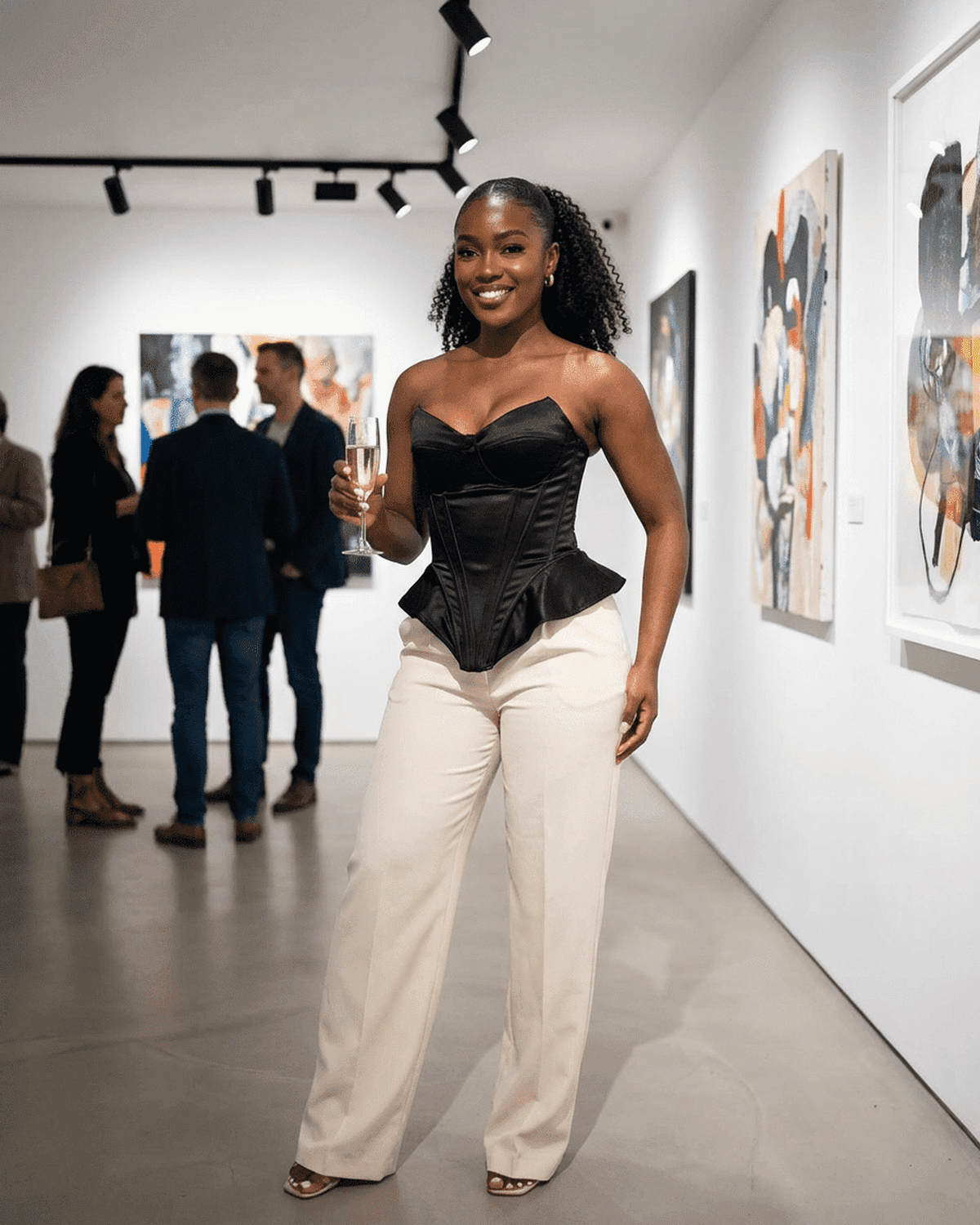 Stylish woman wearing the Celeste Corset Top by SLIMONA, showcasing a modern look in an art gallery.