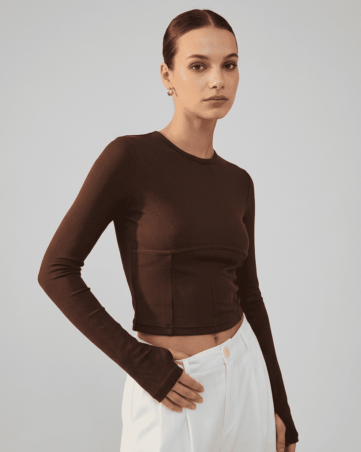 Cocoa Corset Top by SLIMONA, long sleeve brown corset crop top showcasing a tailored look and comfortable fit.
