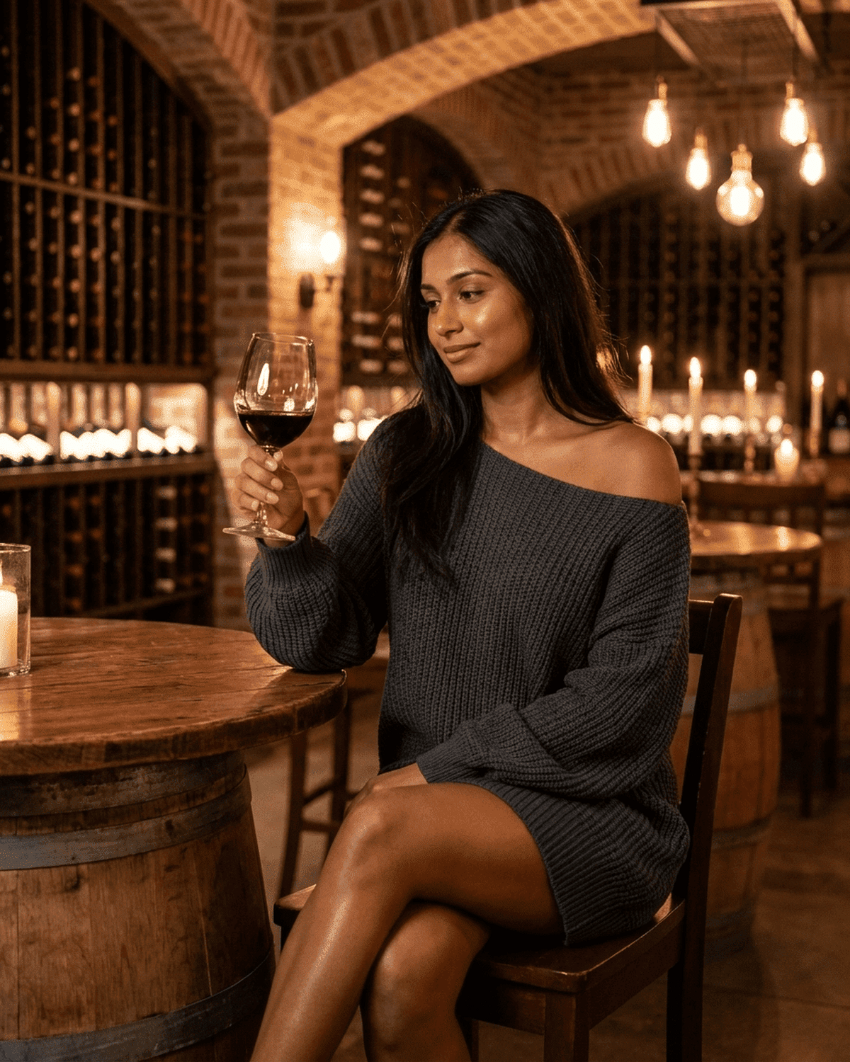 Ember Mini Dress from SLIMONA showcased in a cozy winery, featuring soft charcoal color and elegant off-the-shoulder design.