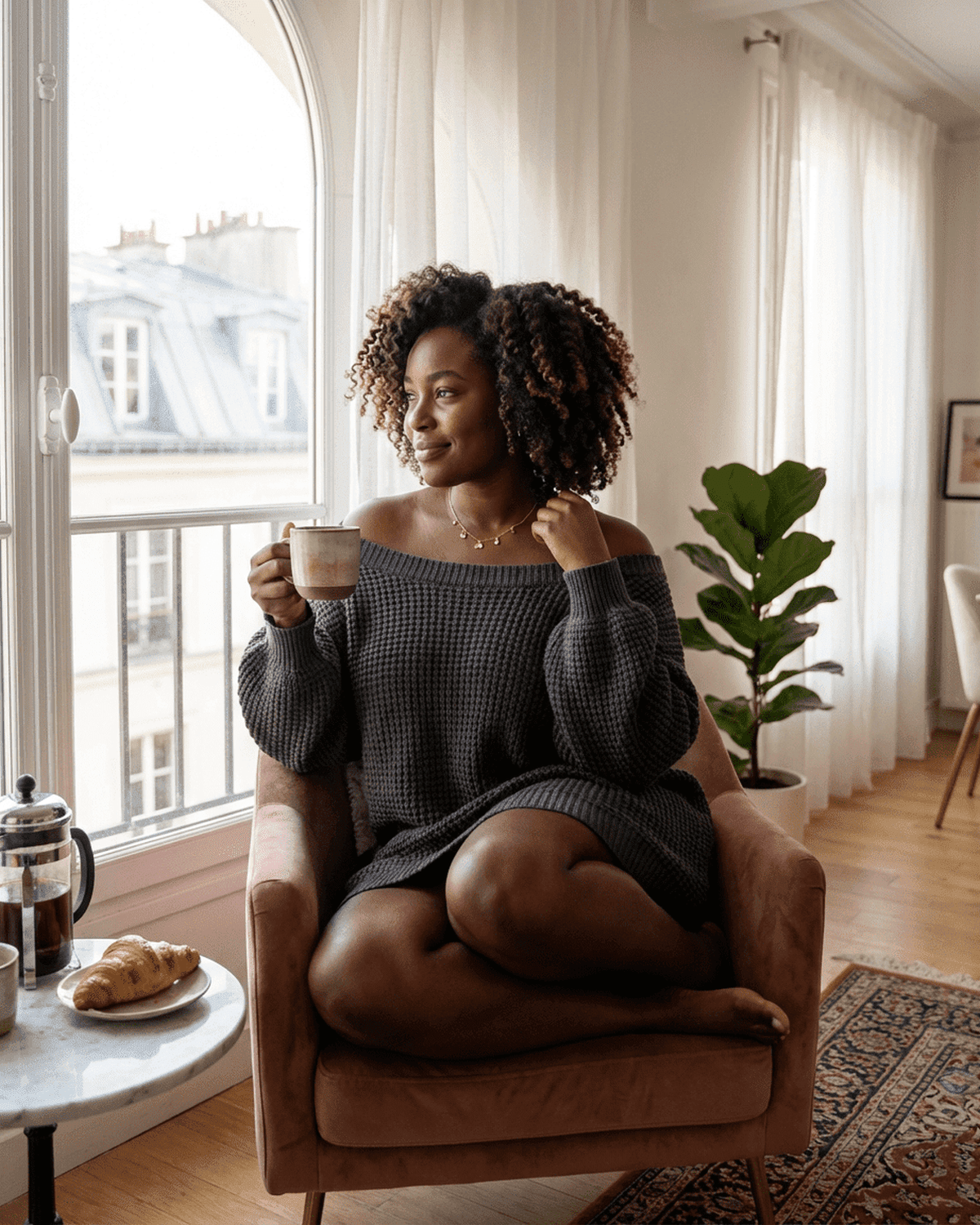 Woman in Ember Mini Dress by SLIMONA, relaxing in a cozy chair with a coffee, showcasing a stylish off-the-shoulder design.