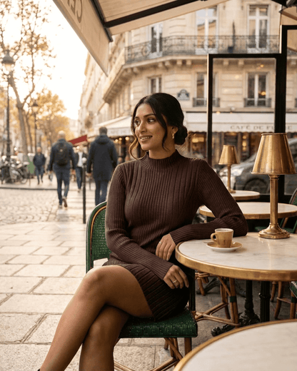 Woman wearing the Florence Mini Dress by SLIMONA, enjoying coffee at a Parisian cafe.