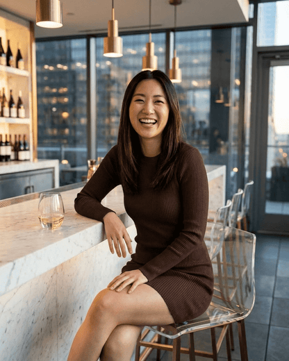 Woman in a ribbed knit Florence Mini Dress by SLIMONA, smiling at a bar with a drink.