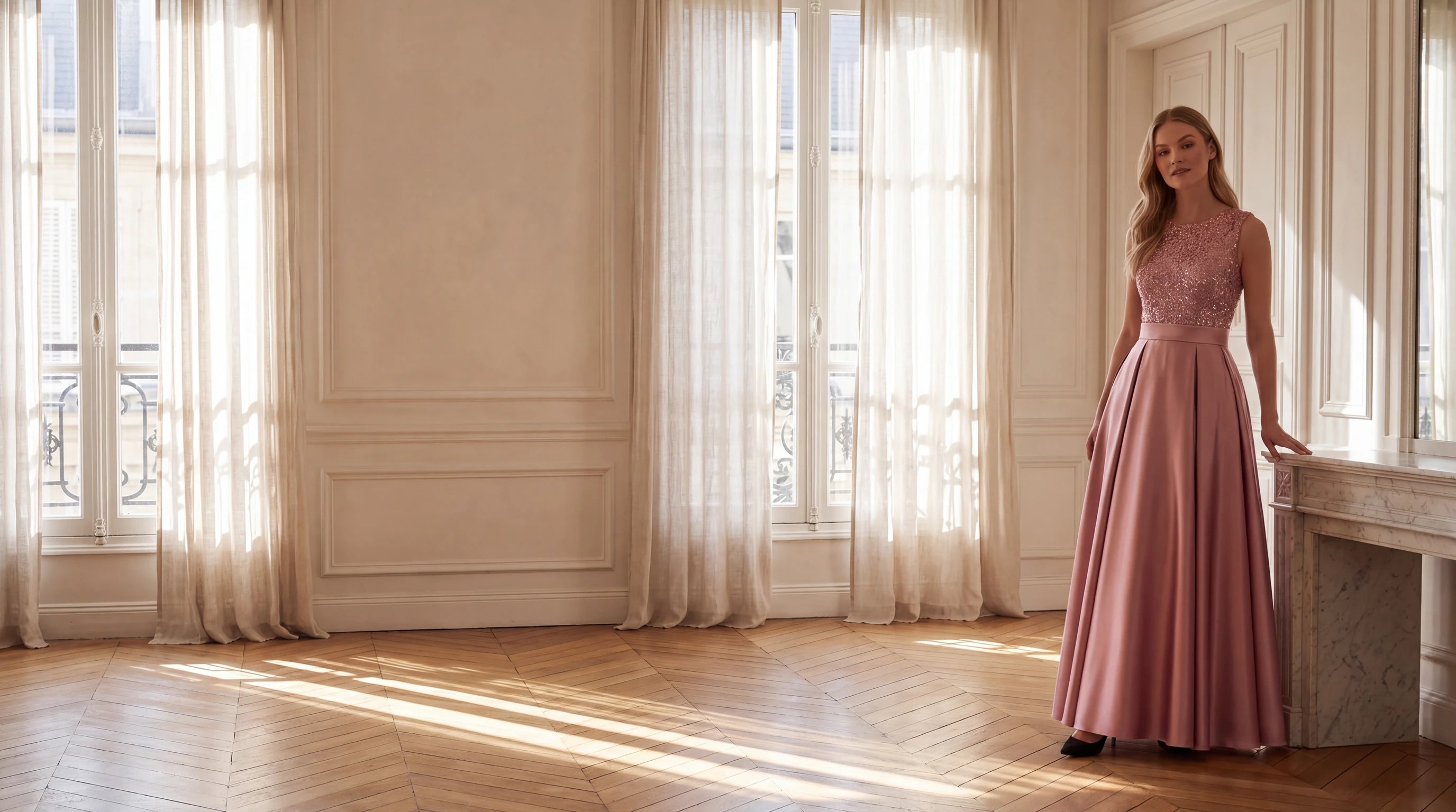 Dusty pink gown in a Paris apartment