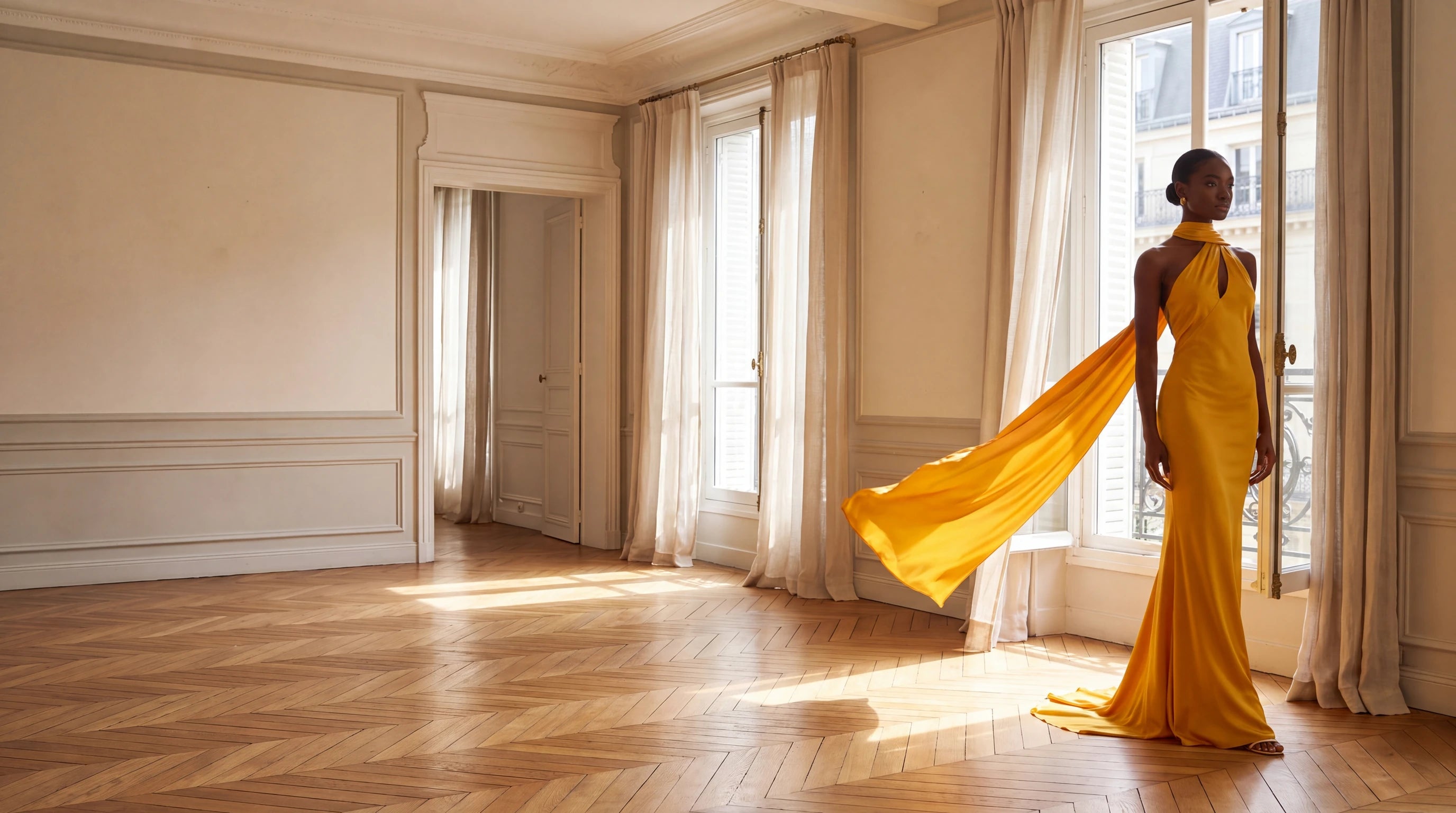 Marigold satin scarf gown in a Paris apartment
