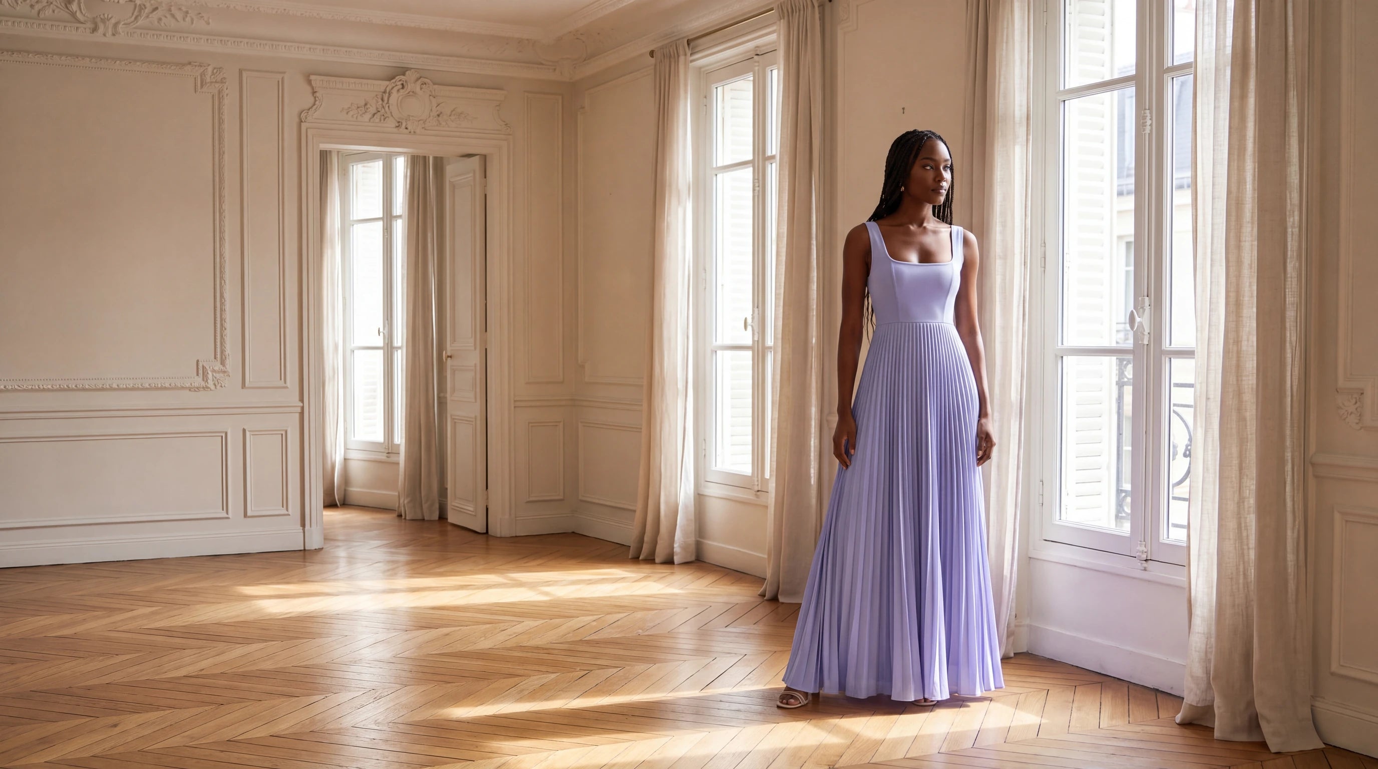Lavender pleated maxi dress in a Paris apartment