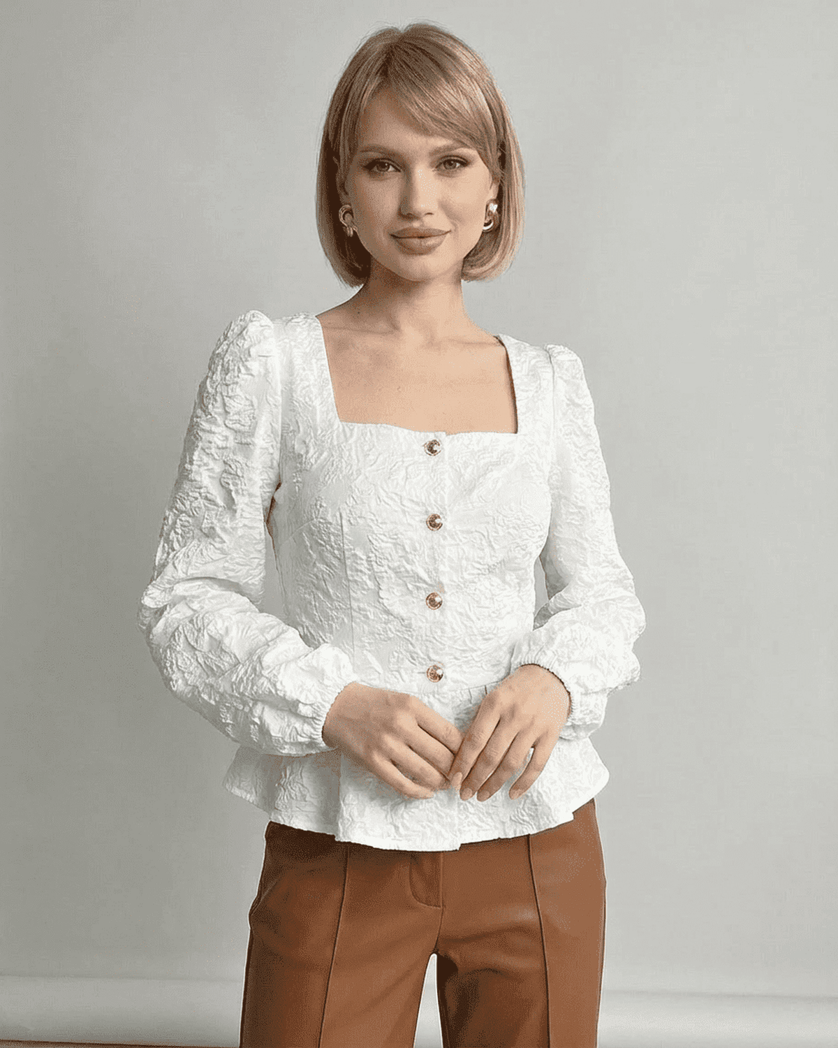 Ivory Corset Top by SLIMONA - Elegant jacquard fabric blouse with square neckline and puff sleeves.