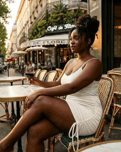 Elegant woman in a white dress enjoying a drink at Café de Flore, Paris, embodying chic summertime vibes.