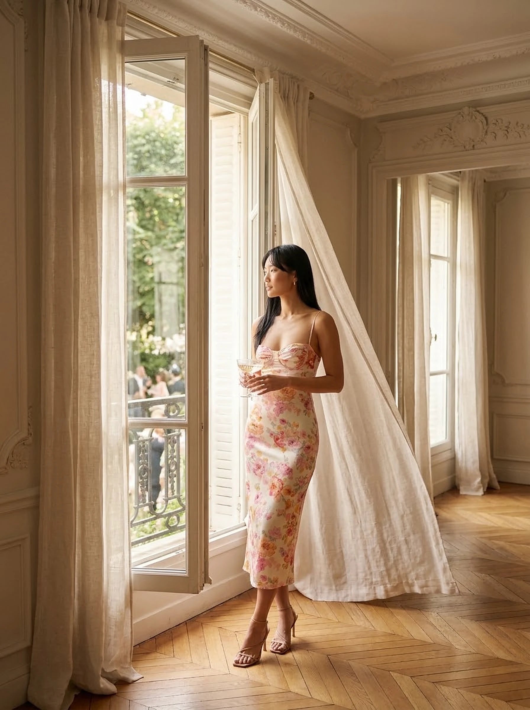 Pastel floral midi dress at a garden wedding