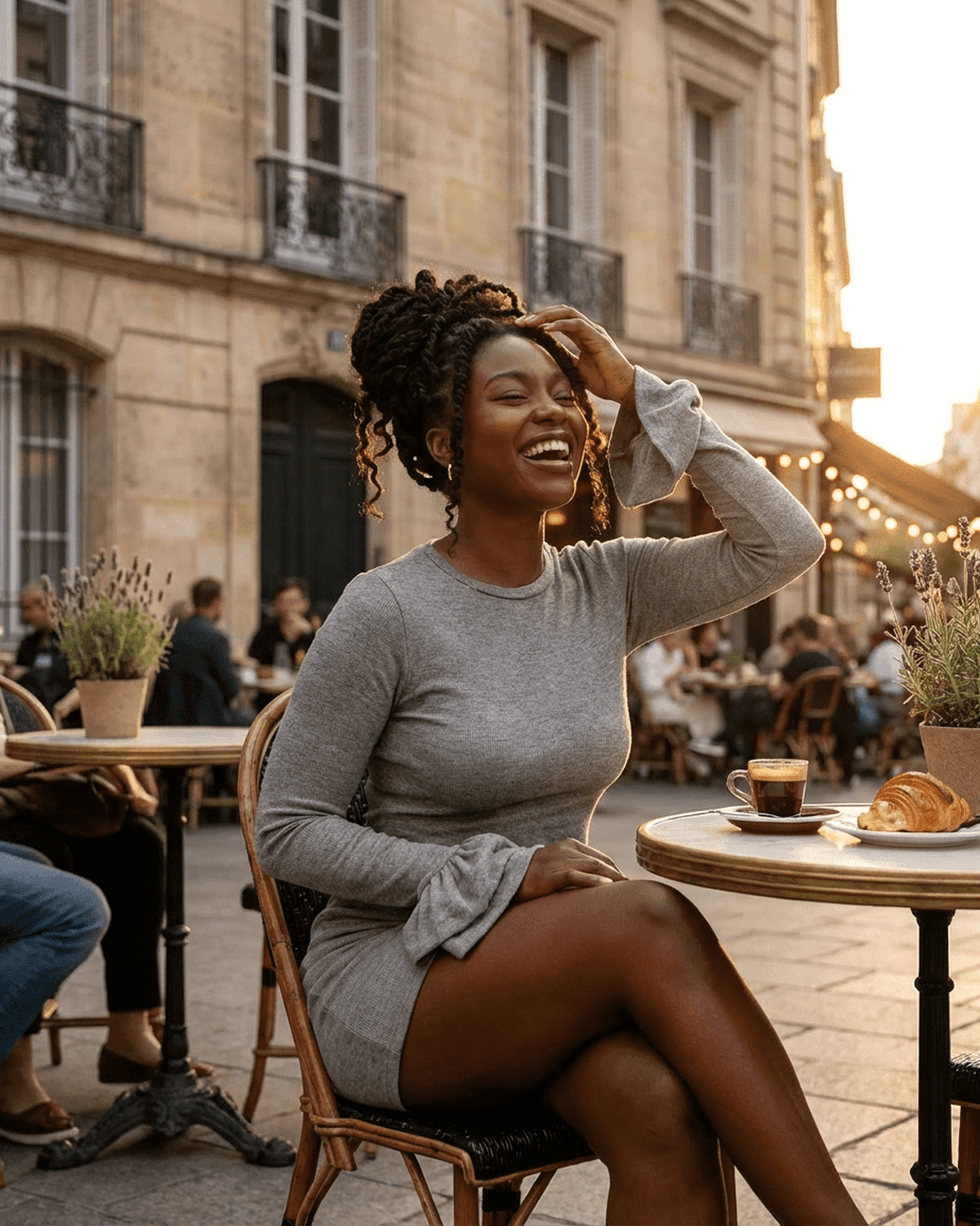 Luna Mini Dress worn by a smiling woman at a café, showcasing its elegant ruffled sleeves and soft grey fabric.