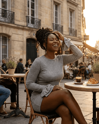Luna Mini Dress worn by a smiling woman at a café, showcasing its elegant ruffled sleeves and soft grey fabric.