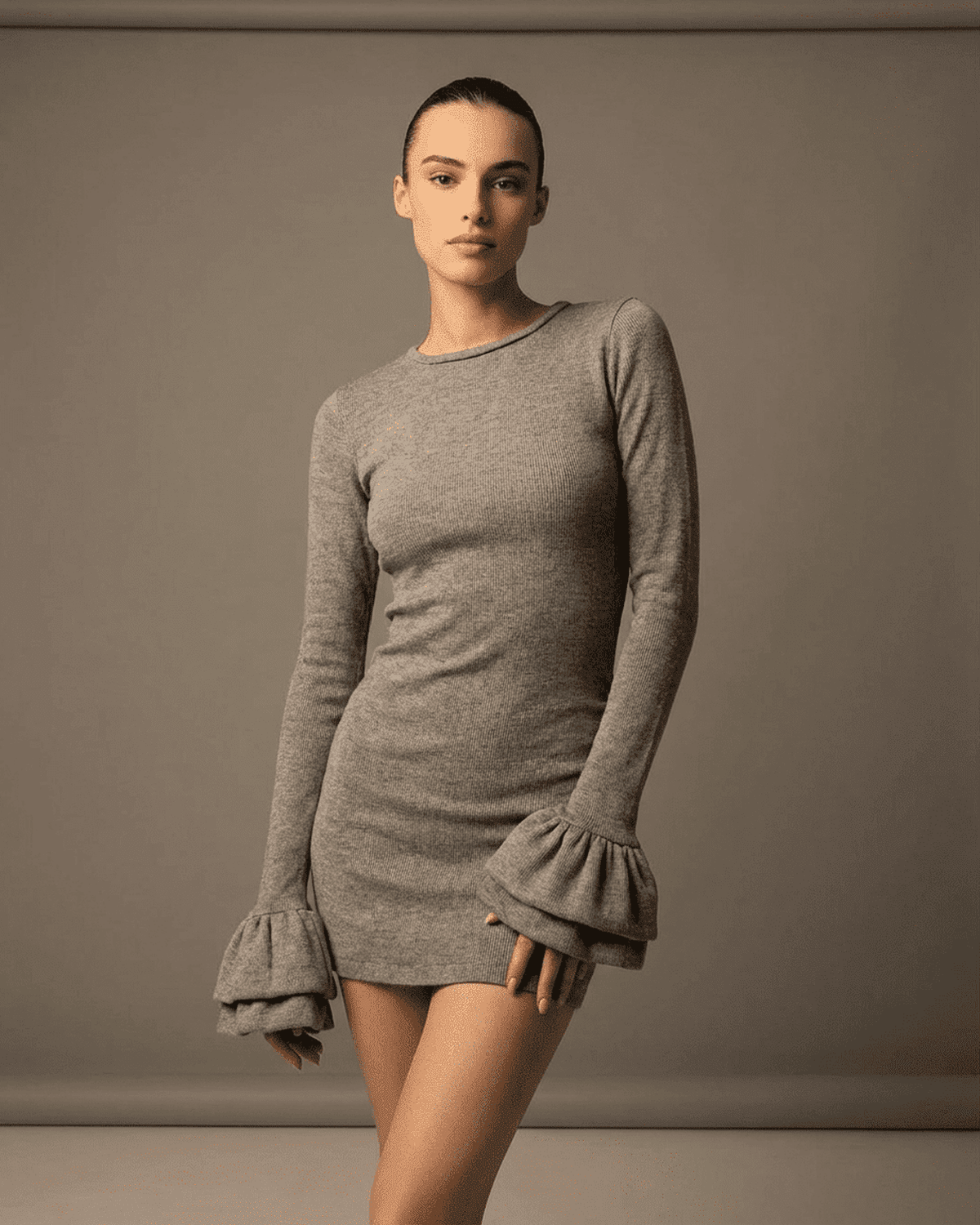Luna Mini Dress by SLIMONA, elegant grey bodycon dress with ruffled sleeves and sleek crew neck.