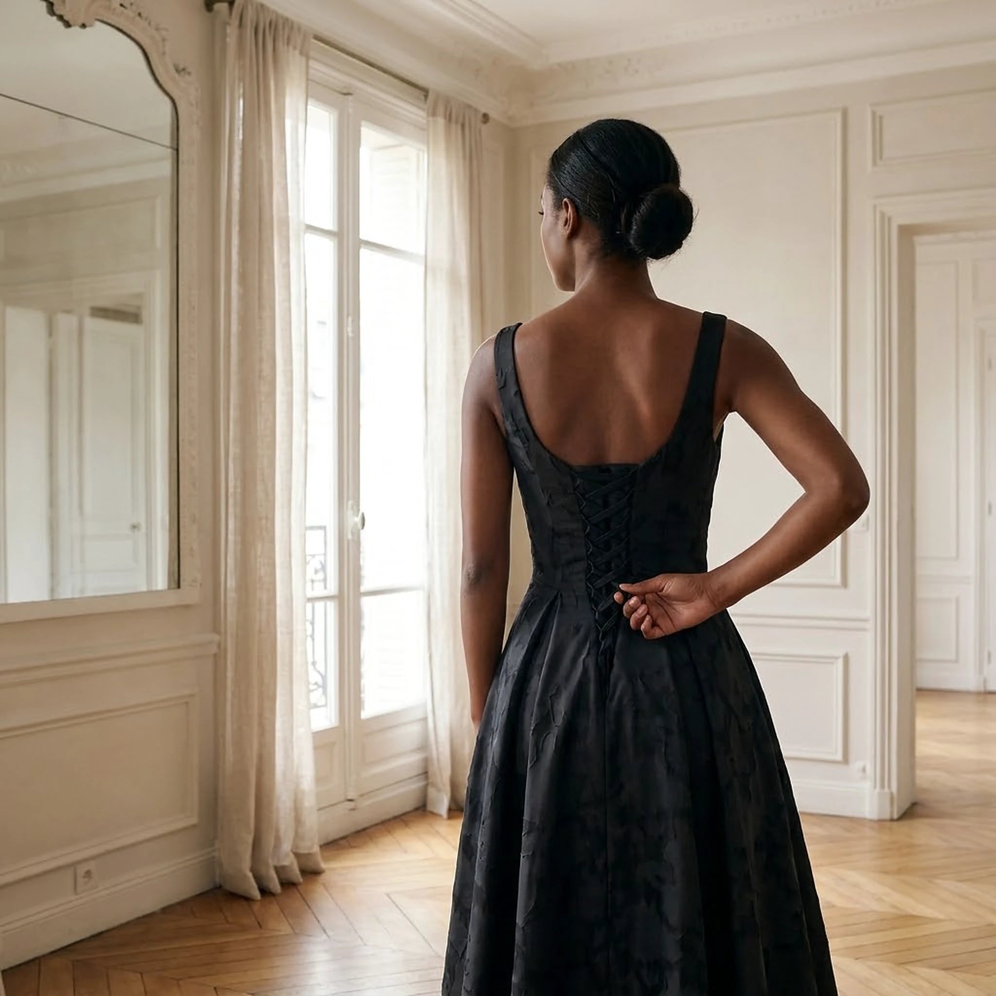 Back closure of a black jacquard midi dress
