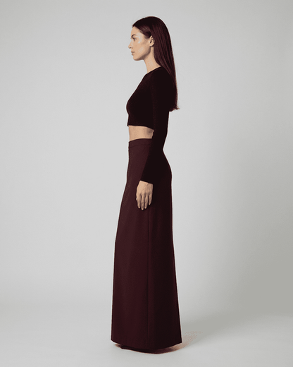 Merlot Maxi Skirt by SLIMONA, showcasing high-waisted straight silhouette and elegant slit for modern elegance.