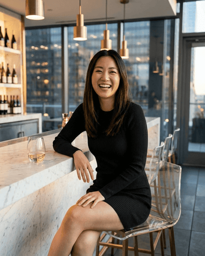 Milano Mini Dress worn by a woman laughing at a bar, showcasing the stylish ribbed knit design and mock neck.