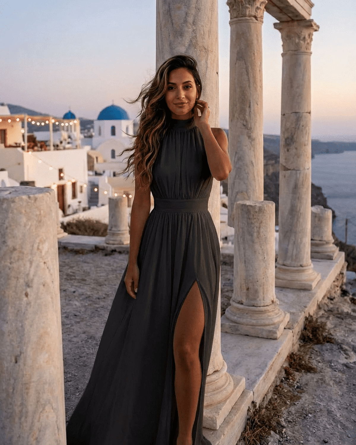 Noctis Maxi Dress by SLIMONA, elegant sleeveless turtleneck gown with high waist and side slit.