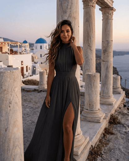 Noctis Maxi Dress by SLIMONA, elegant sleeveless turtleneck gown with high waist and side slit.