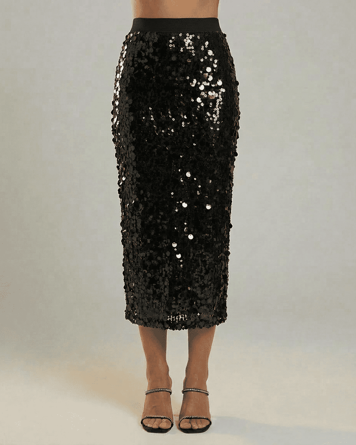 Noctura Midi Skirt by SLIMONA – Sequin high waist bodycon midi skirt in black for elegant evening wear.