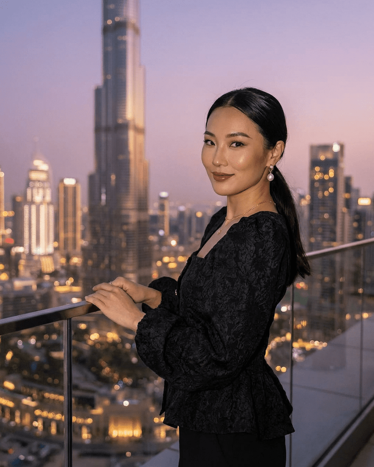 Noir Corset Top worn by a woman against a city skyline, showcasing the elegant jacquard fabric and puff sleeves - SLIMONA.