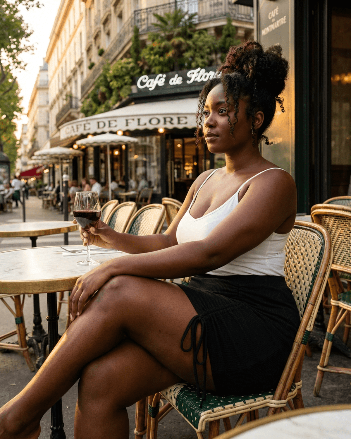 Woman wearing a Noir Mini Skirt by SLIMONA, seated at a café with a glass of wine, showcasing modern styling.