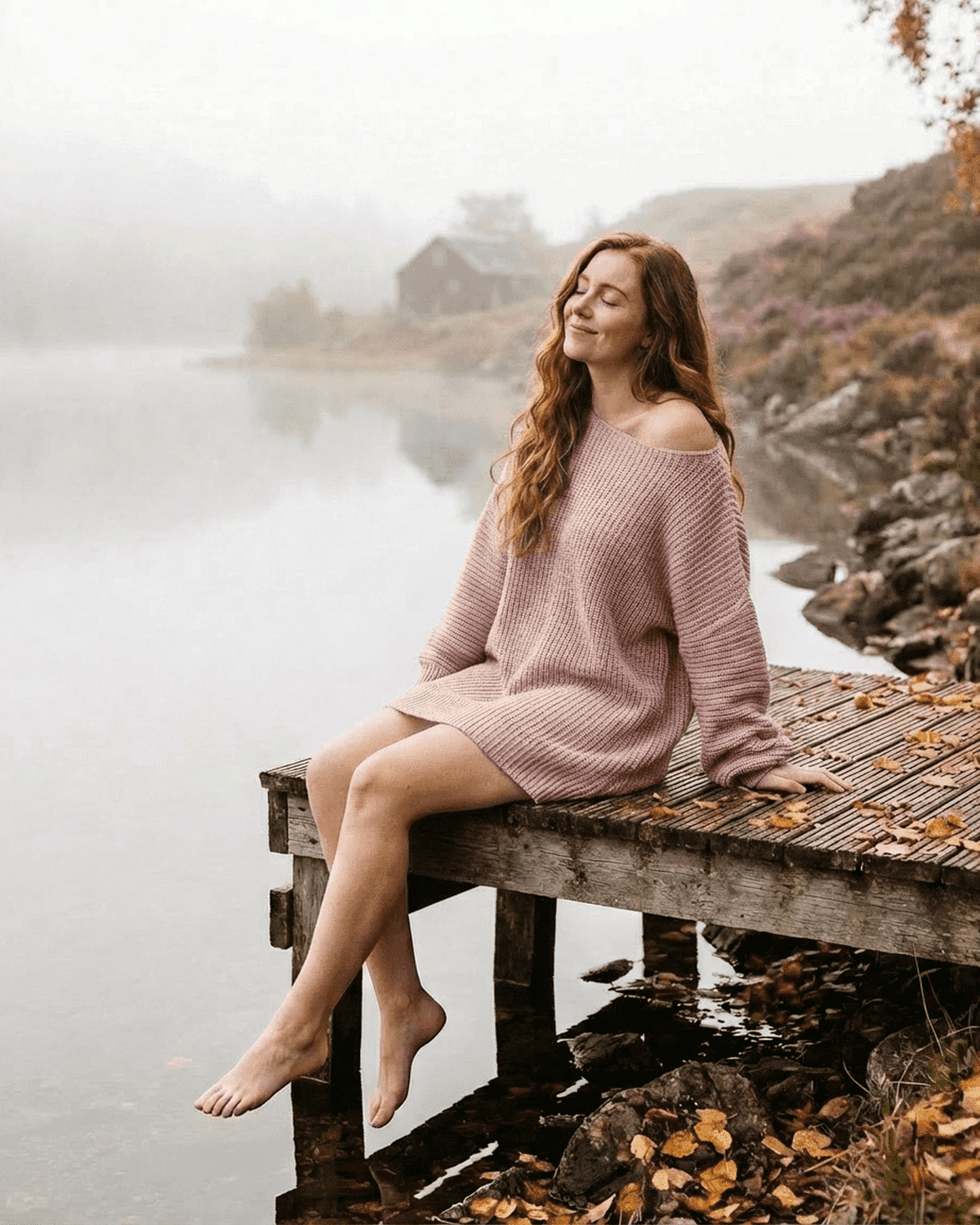 Model wearing a SLIMONA Nova Mini Dress, a soft pink ribbed knit off-the-shoulder, sitting by a tranquil lake.