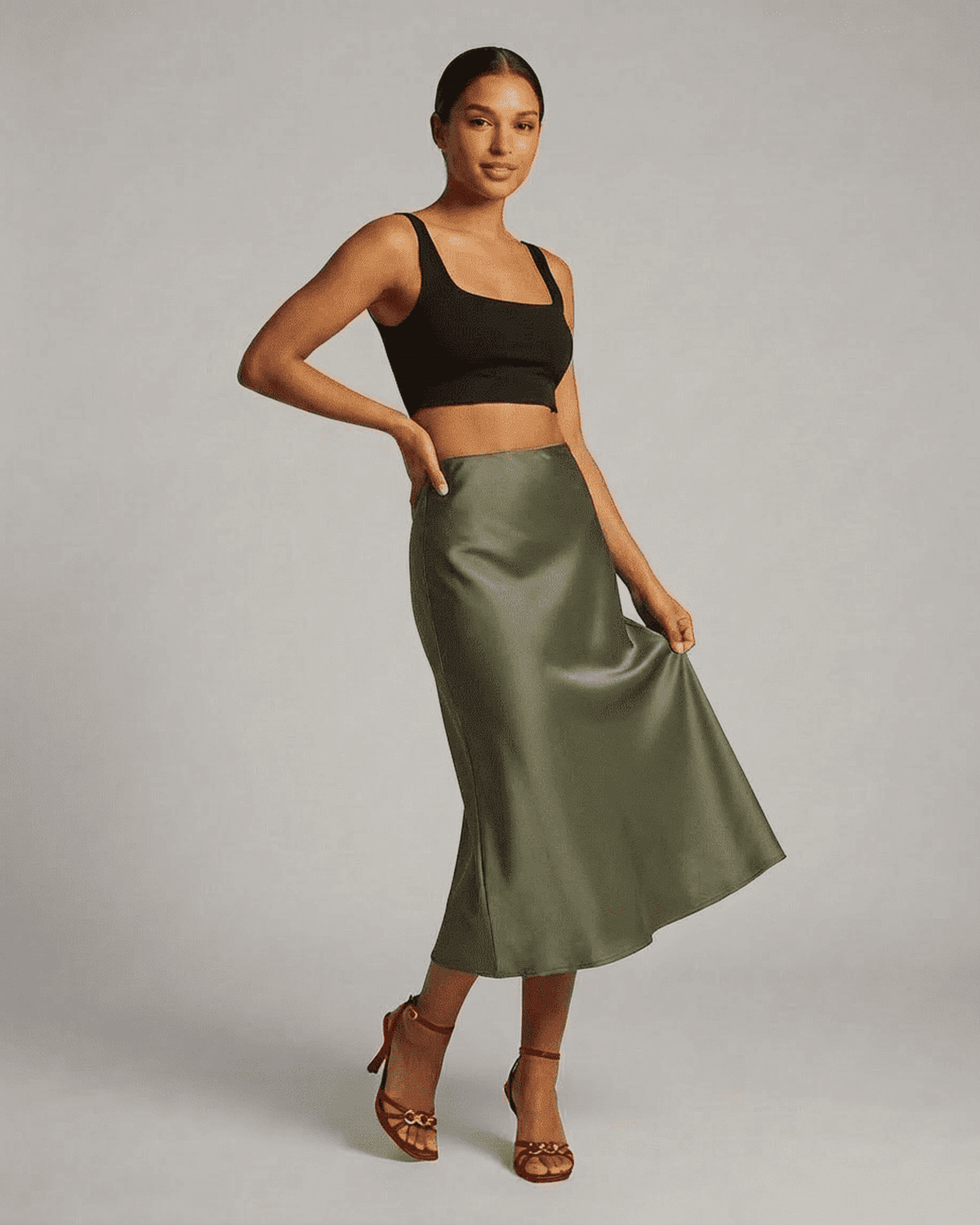 Olivia Midi Skirt by SLIMONA, elegant satin mermaid skirt in olive green, perfect for effortless style.