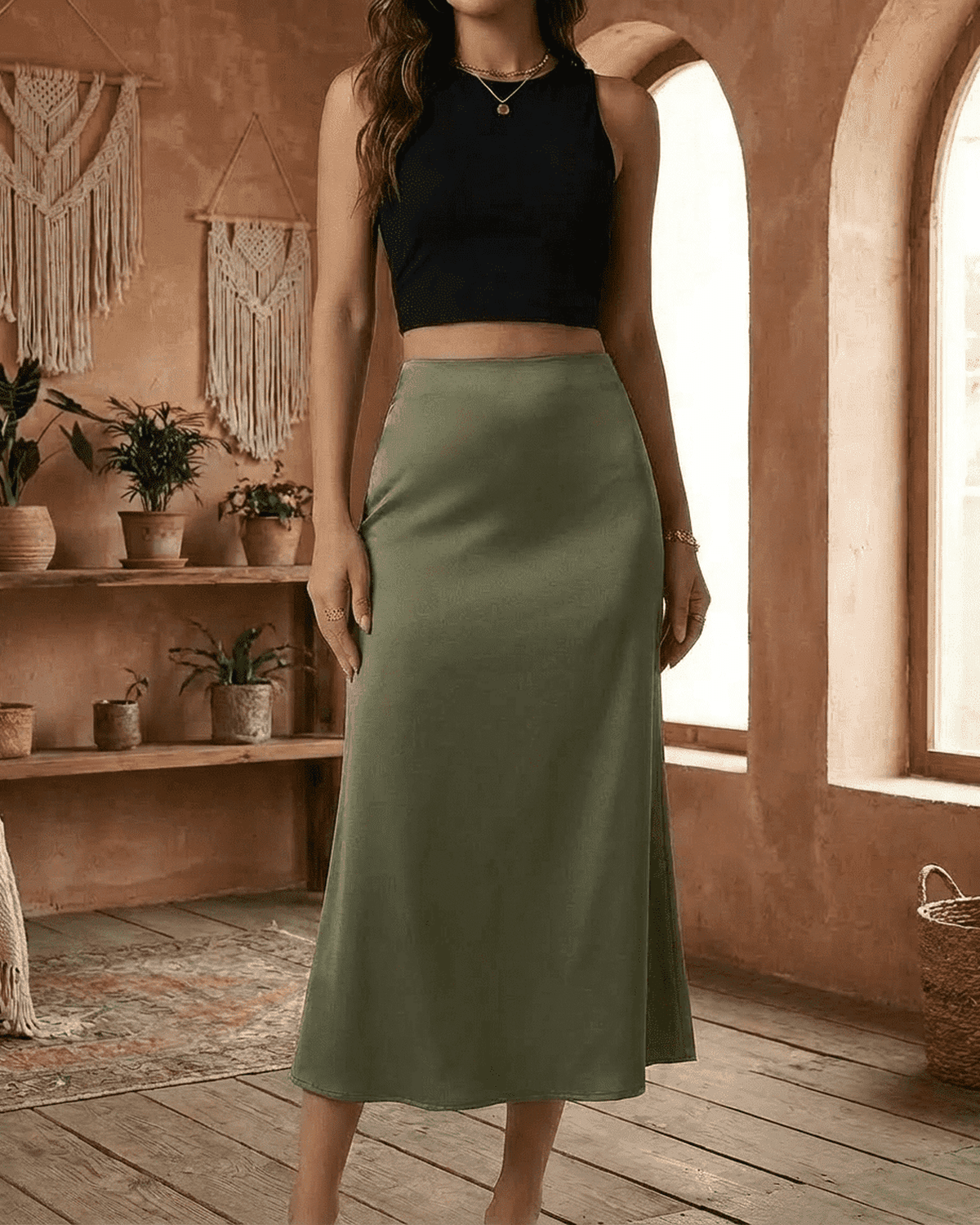 Olivia Midi Skirt by SLIMONA featuring a satin mermaid design in a sophisticated olive green tone.
