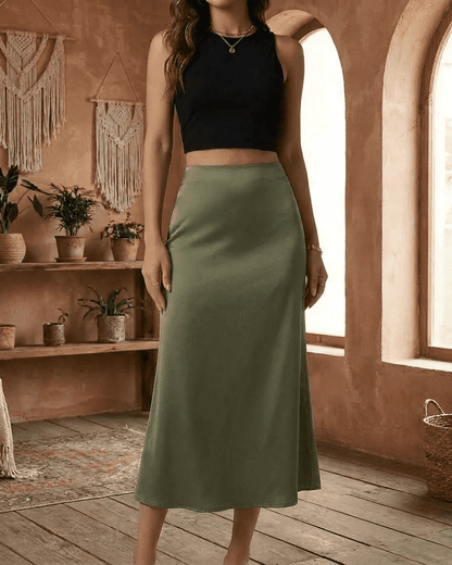 Olivia Midi Skirt by SLIMONA featuring a satin mermaid design in a sophisticated olive green tone.