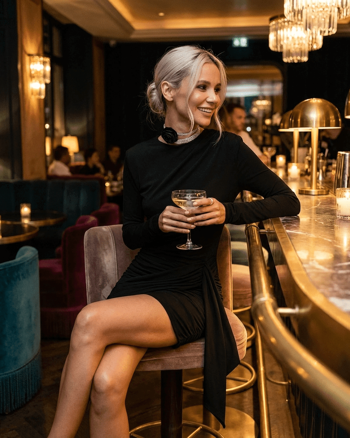 Model wearing the Onyx Mini Dress by SLIMONA, showcasing the sexy fitted bodycon style at a bar.