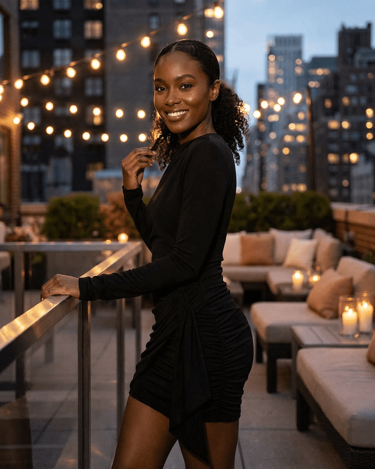 Model wearing SLIMONA Onyx Mini Dress, a sexy fitted bodycon dress with ruched detailing, showcasing modern elegance.