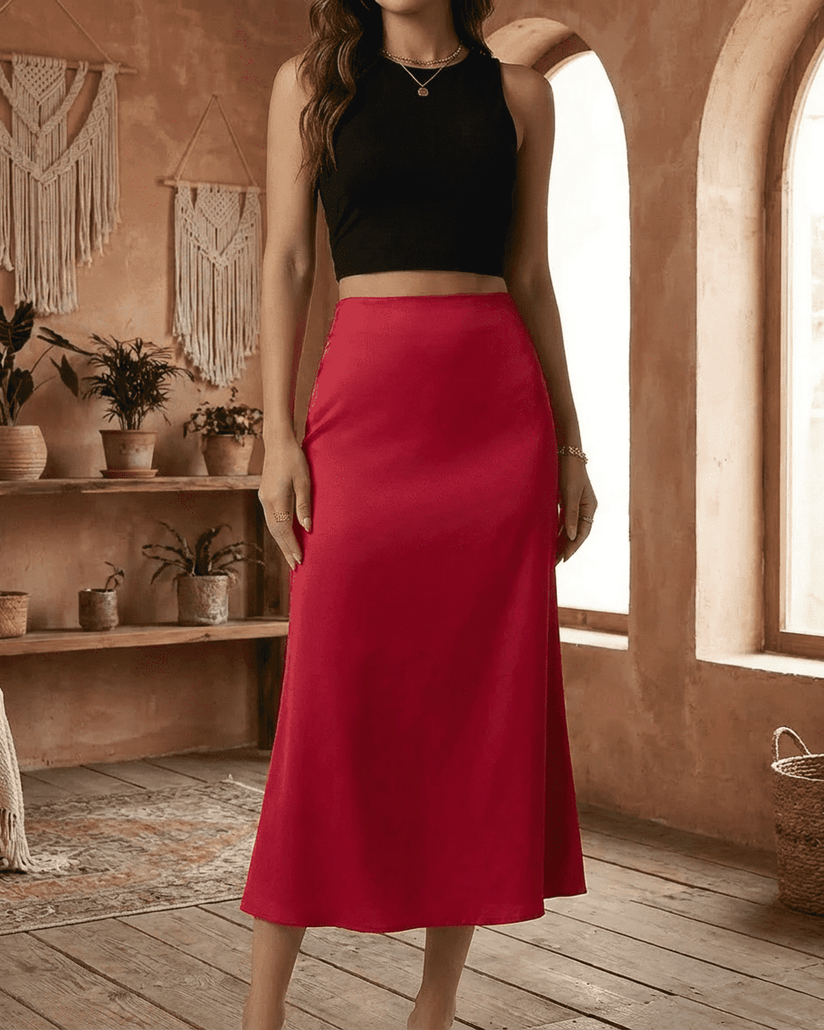 Rosalia Midi Skirt by SLIMONA – elegant satin mermaid midi skirt in rich red, creating fluid silhouette.
