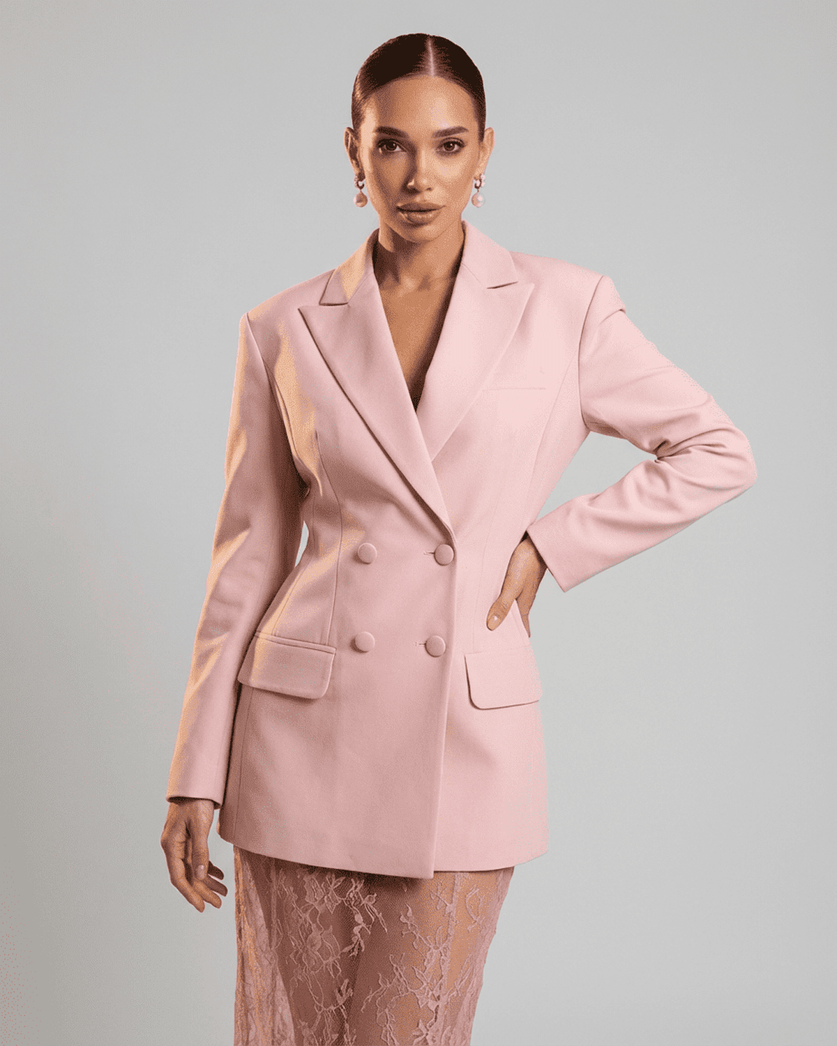 Rosalie Blazer by SLIMONA, a women's pink double-breasted tailored blazer for sophisticated elegance.