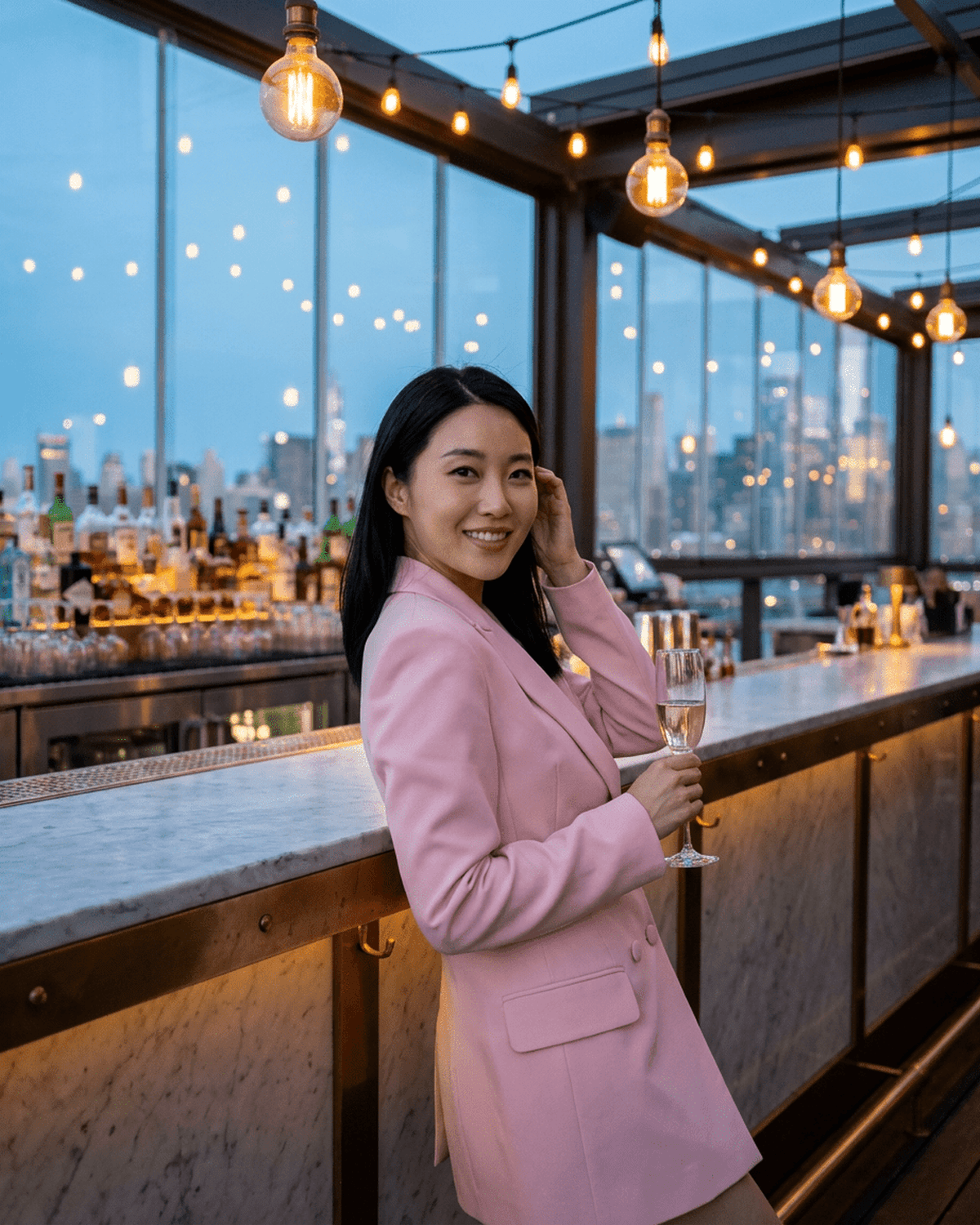 A woman wearing a Rosalie Blazer by SLIMONA, holding a drink at a stylish bar with city lights in the background.