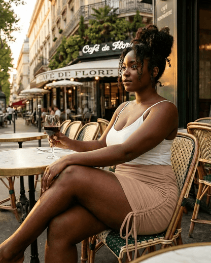 Woman enjoying a drink in a Sand Mini Skirt at a Parisian café, featuring a bodycon fit and adjustable drawstrings.