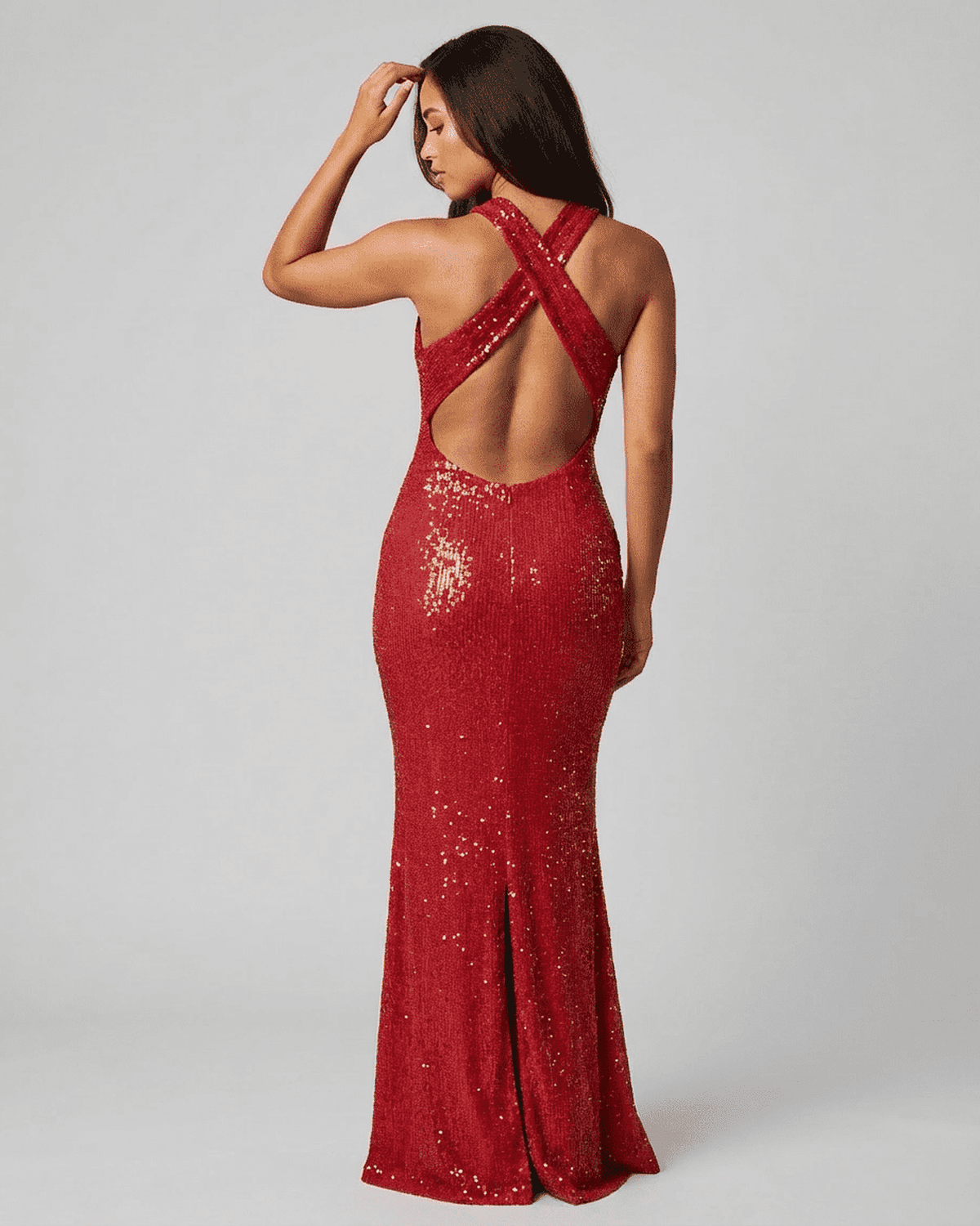 Scarlet Maxi Dress by SLIMONA, showcasing backless design with sequin detail for a glamorous look.