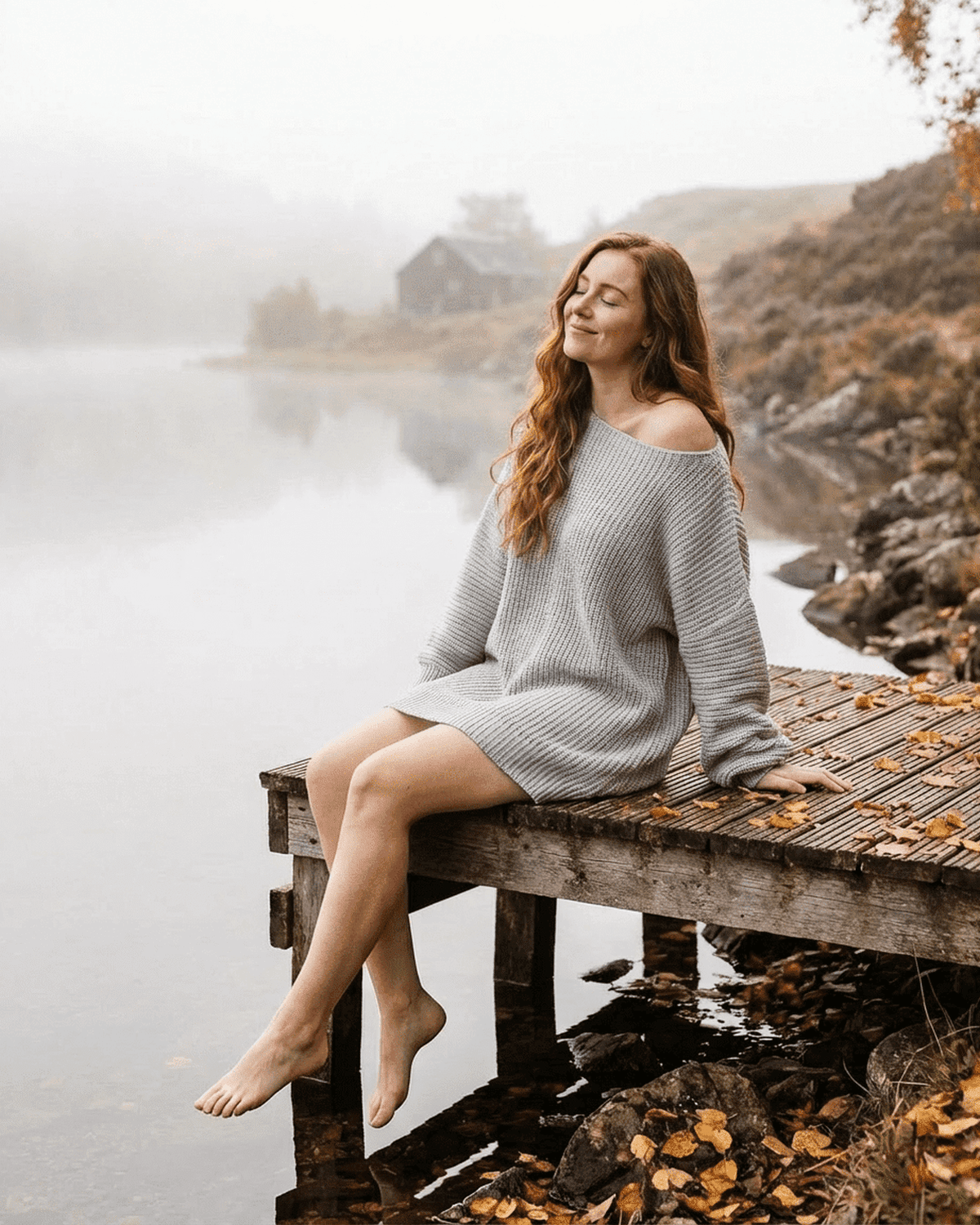 Model wearing Selene Mini Dress by SLIMONA, showcasing elegant ribbed knit fabric on a lakeside dock.